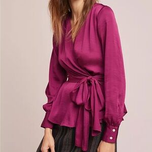 Anthropologie Moulinette Soeurs Brynn Tie-Front Blouse in Raspberry size 12